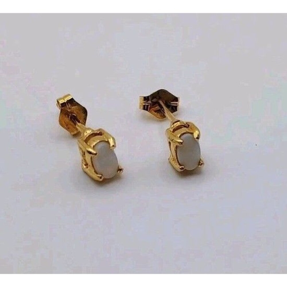 Sterling Silver Gold-Tone Stud Oval White Faux Opal Earrings - Picture 2 of 6
